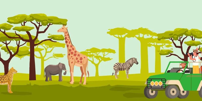 Illustrasjon av dyr og safaribil i Tanzania