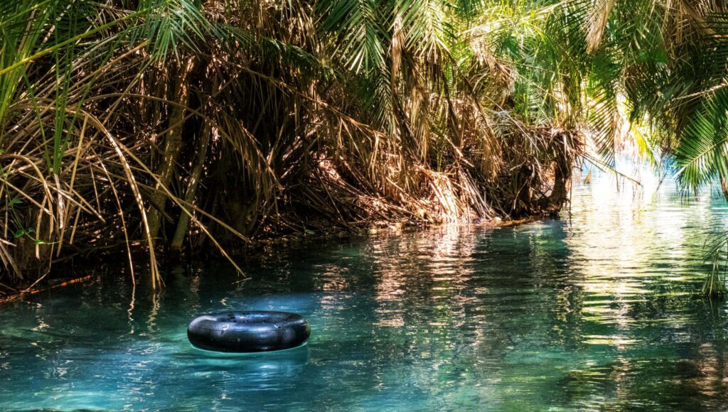 Blått vann omringet av trær ved Rundugai varme kilder i Tanzania