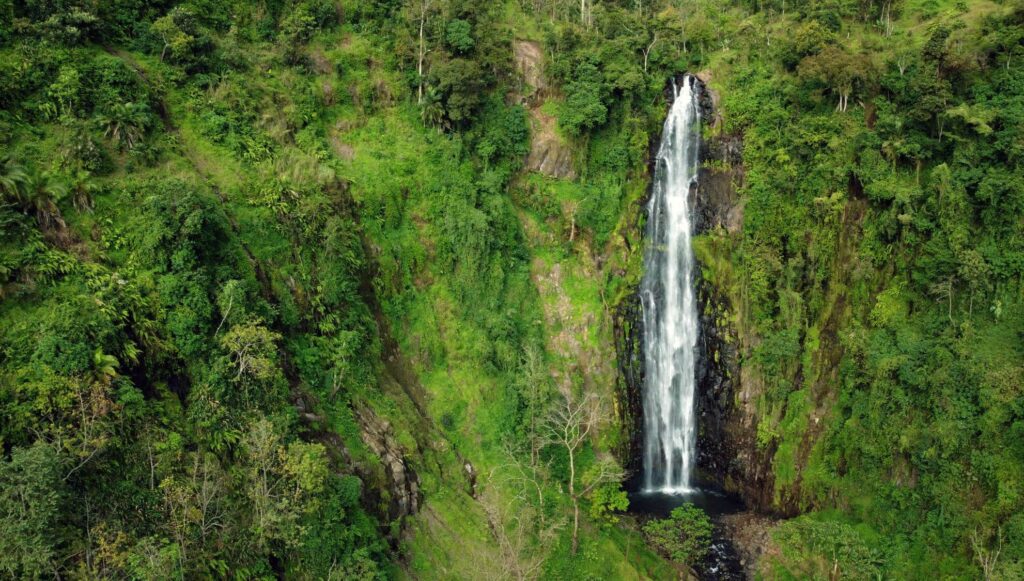 Foss kaster seg ned i grønt landskap
