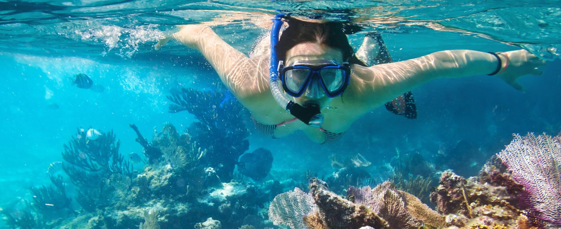 Kvinne med snorkel og dykkebriller under vannet i nærheten av koraller. Familiesafari i Tanzania.