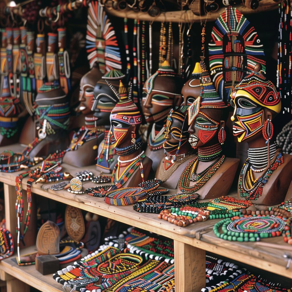 Flere Maasai-skulpturer, masker og smykker på en trehylle på et marked i Arusha Tanzania