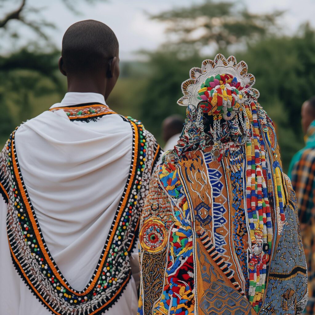 Brudgom og brud i tradisjonelle klær for bryllup i Tanzania