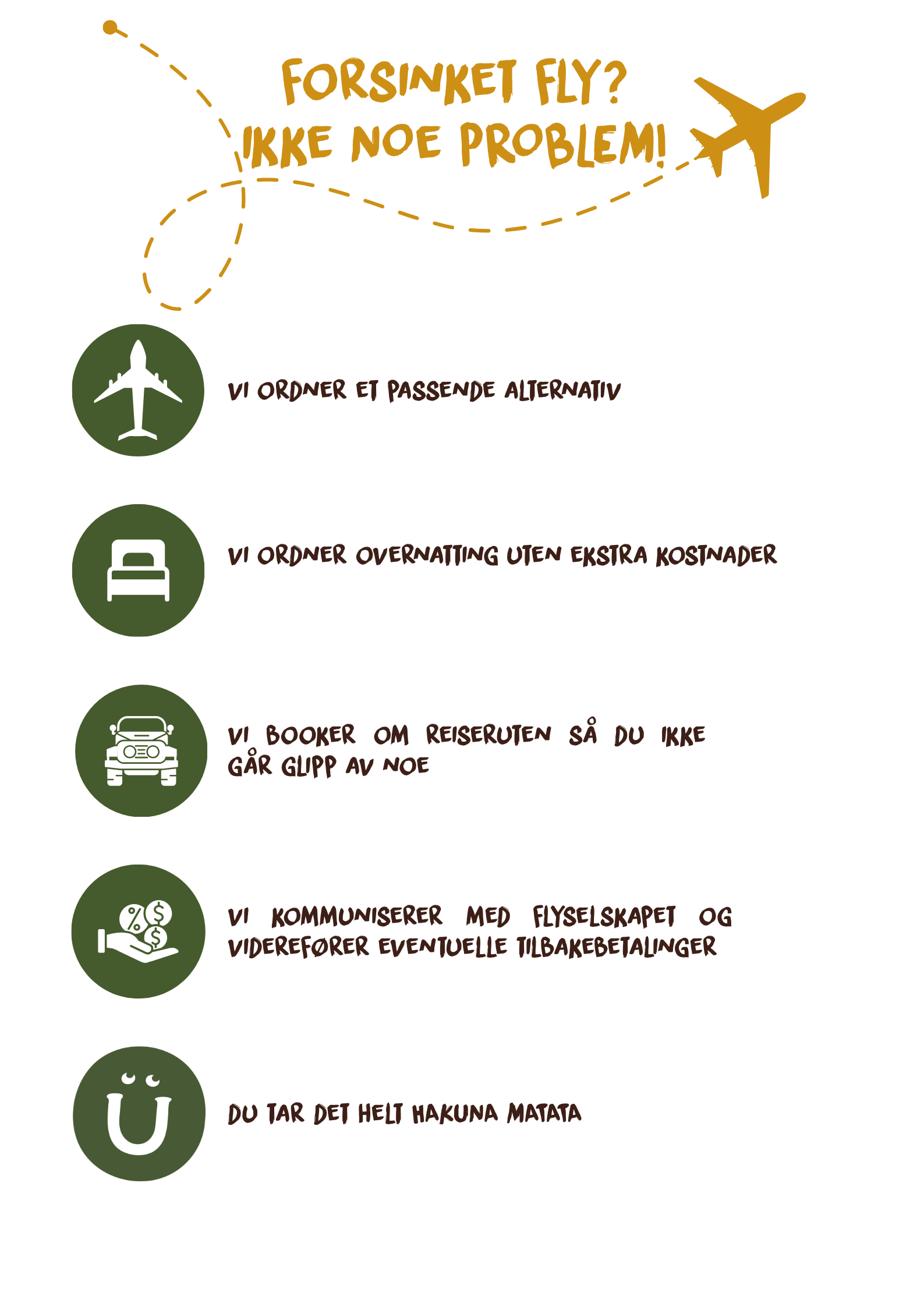 Fordeler med å bestille flyreisen som en del av Hakuna Matata-pakken, inkludert alternative flyreiser, overnatting og hjelp med reiseruten.
