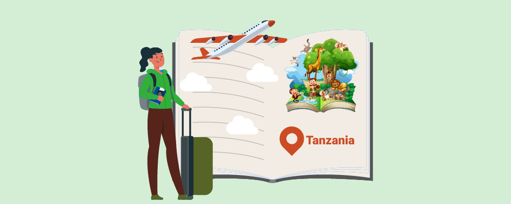Illustrasjon av dame med koffert og bok om Tanzania