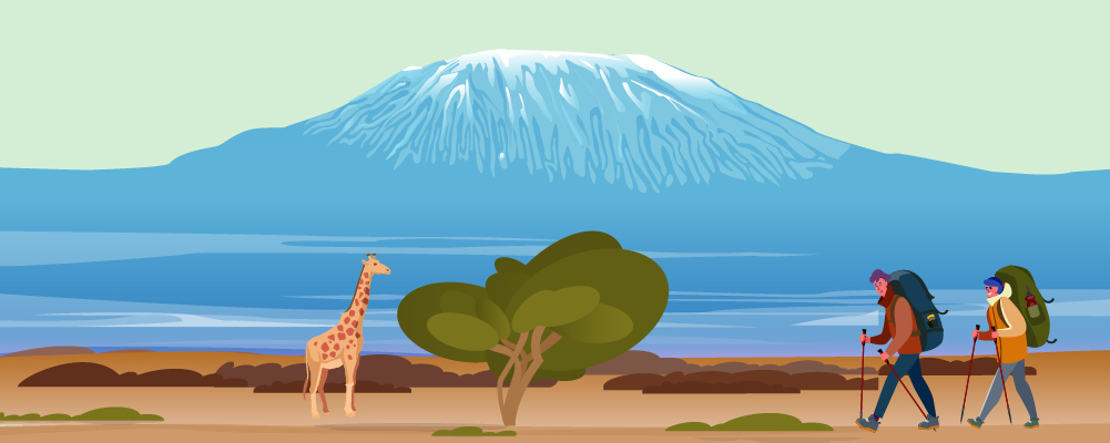 Illustrasjon av sjiraff og to vandrere foran Mount Kilimanjaro i Tanzania