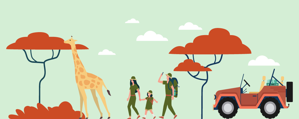 illustrasjon av sjiraff og familie på safari i Tanzania