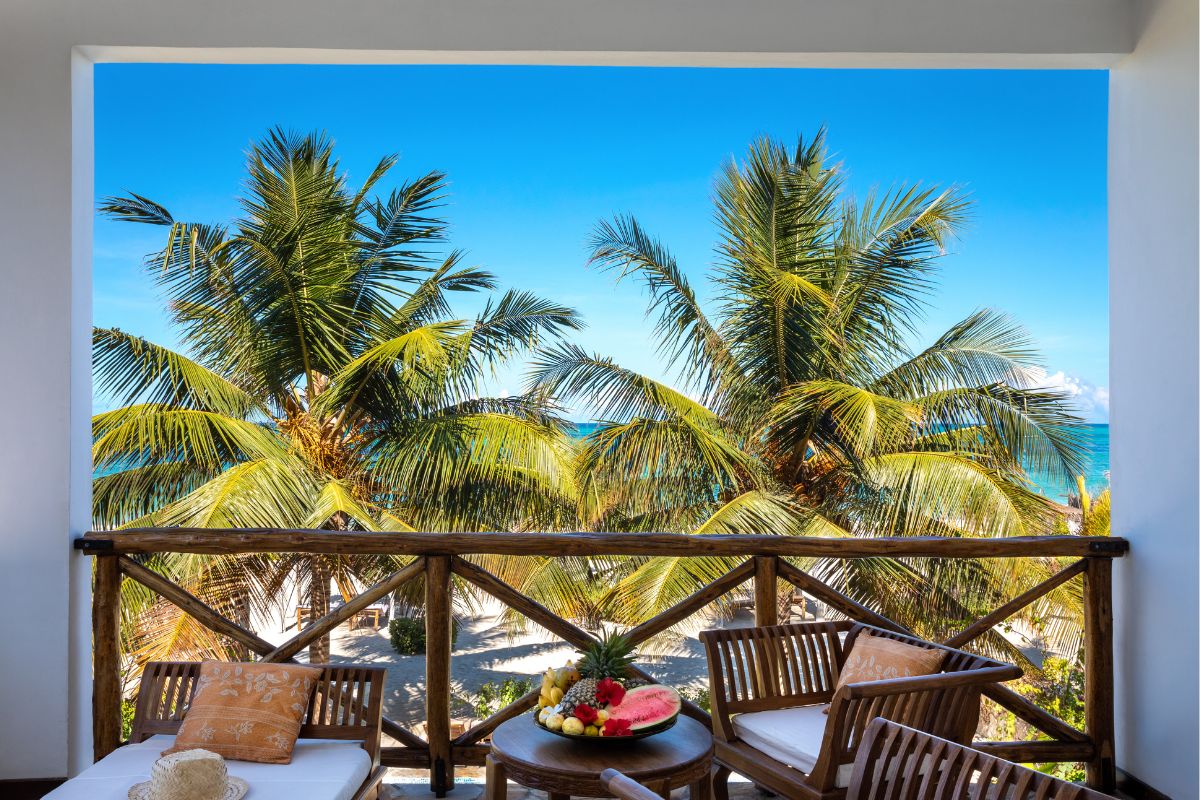 Utsikt til palmetrær fra luksuhotell på Zanzibar