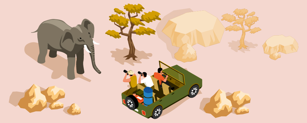 Illustrasjon mennesker i safaribil ser på elefant