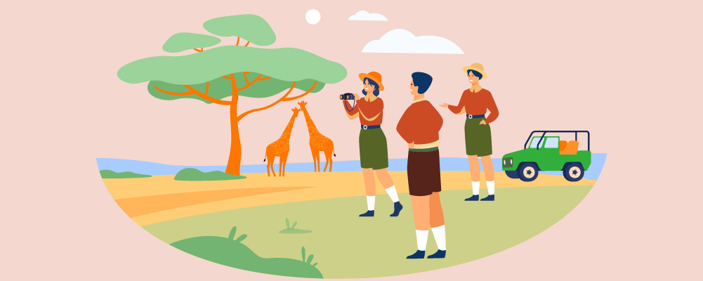 Illustrasjon guidet safaritur i Tanzania med mennesker og sjiraffer under et tre