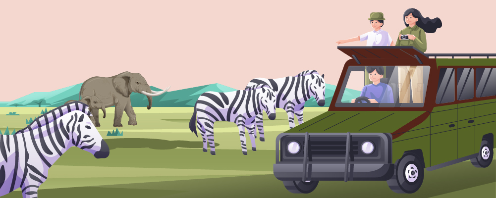 Illustrasjon av safari i Afrika med mennesker i safaribil, elefant og sebraer