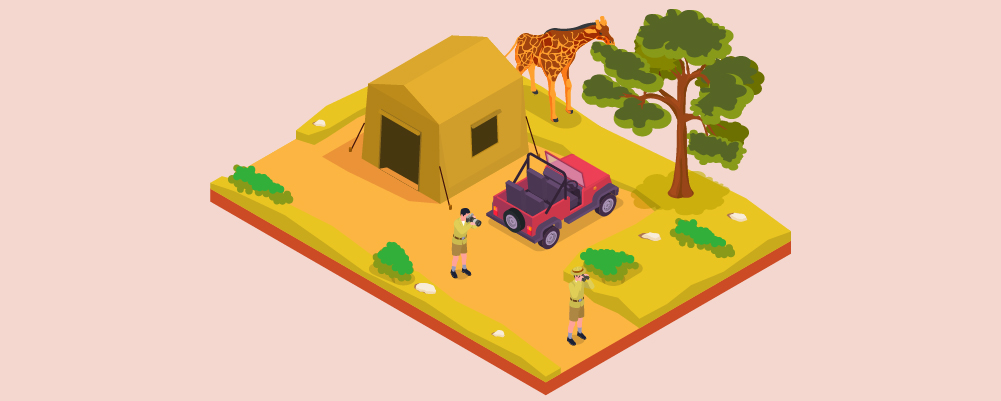 Illustrasjon av safaribil, safaritelt, sjiraff og to mennesker på safari i Afrika