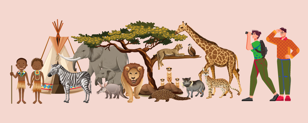 Illustrasjon med lokale, turister og mange forskjellige dyr på safari i Afrika
